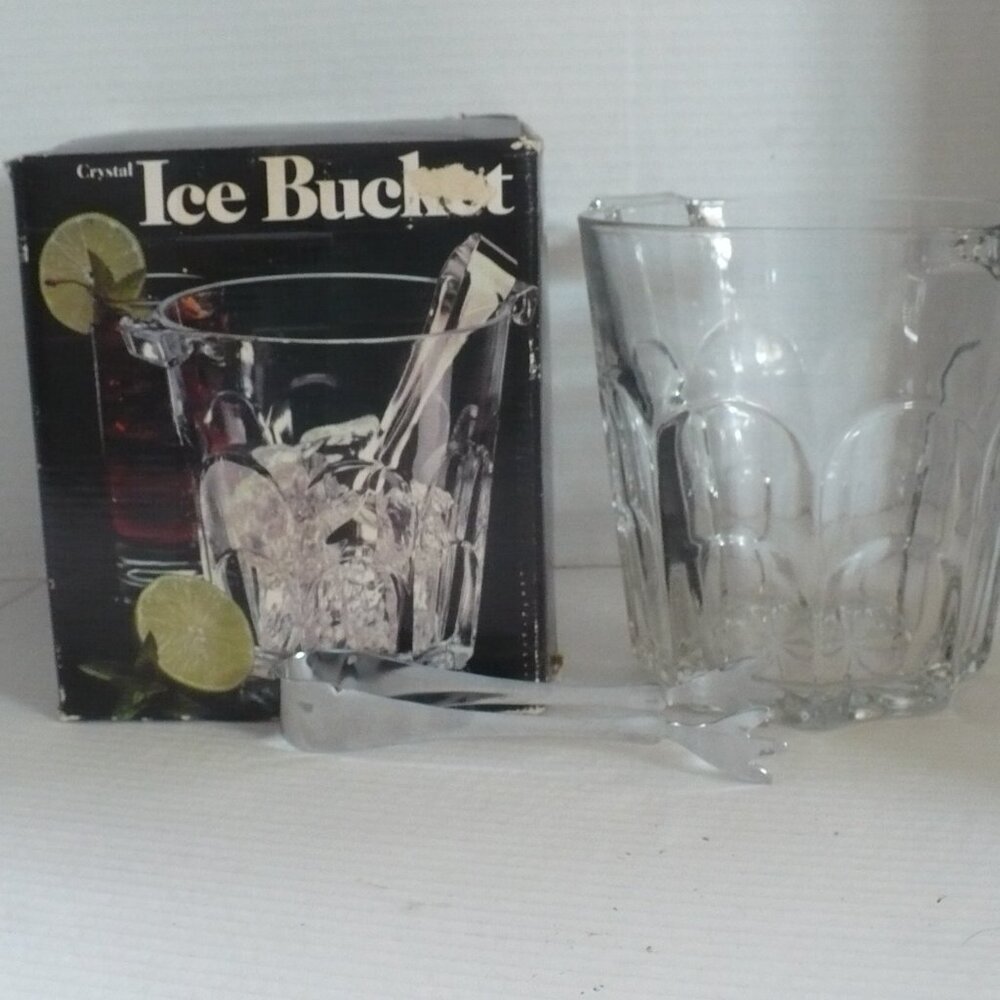 Crystal Ice Bucket w/Chrome Tongs by Leanard Silver Co. Original Box